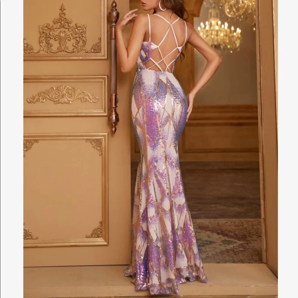 Luxurious Sequins Mermaid Backless Prom Evening Party Formal Gown Floor Dress - Picture 11 of 11
